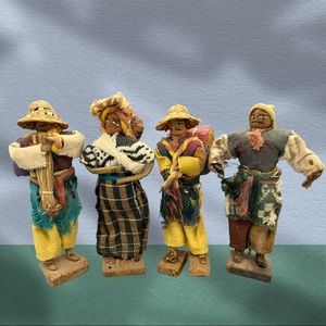 Vintage 4 Handmade Cloth Wood Straw Folk Art Guatemala Dolls, Very Old